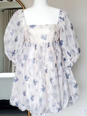 Sofie The Label Bubble Hem Mini Empire White/Periwinkle Floral Dress, Sm, NWT